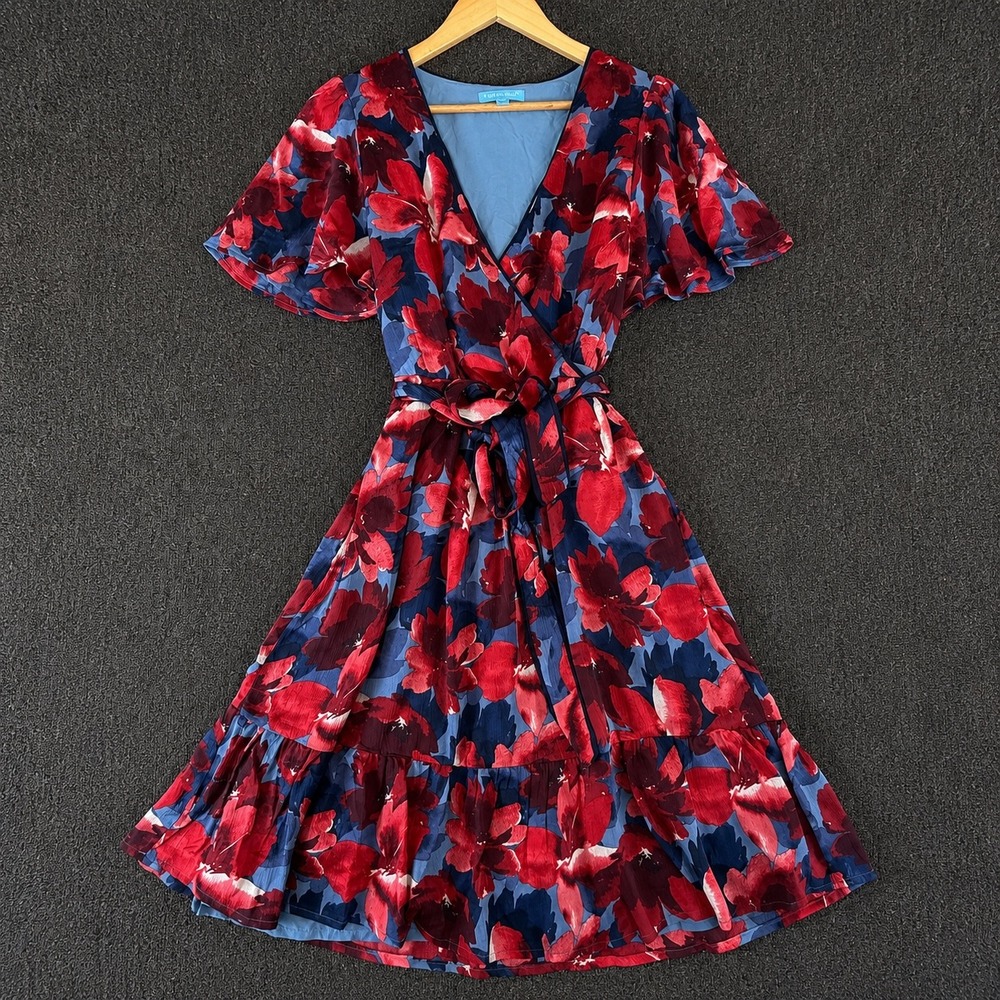 Color Abstract Red Blue Floral Faux Wrap Dress Ruffle Hem Medium